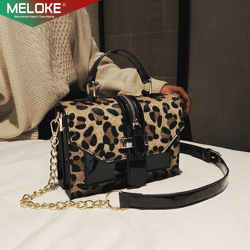 Leopard Print Chain Crossbody Bag Faux Fur Messenger Bag