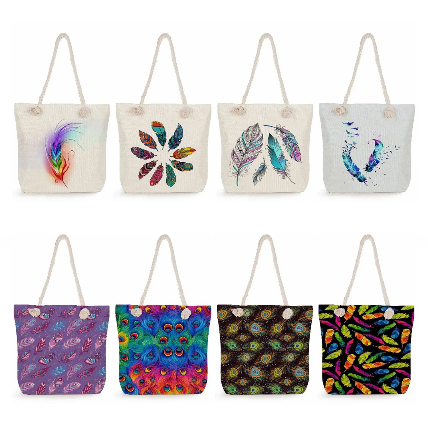 Feather Print Rope Beach Tote Bag Eco Reusable Shoulder Bag