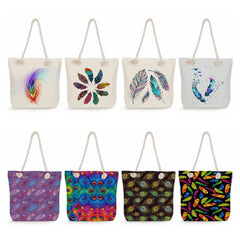 Feather Print Rope Beach Tote Bag Eco Reusable Shoulder Bag