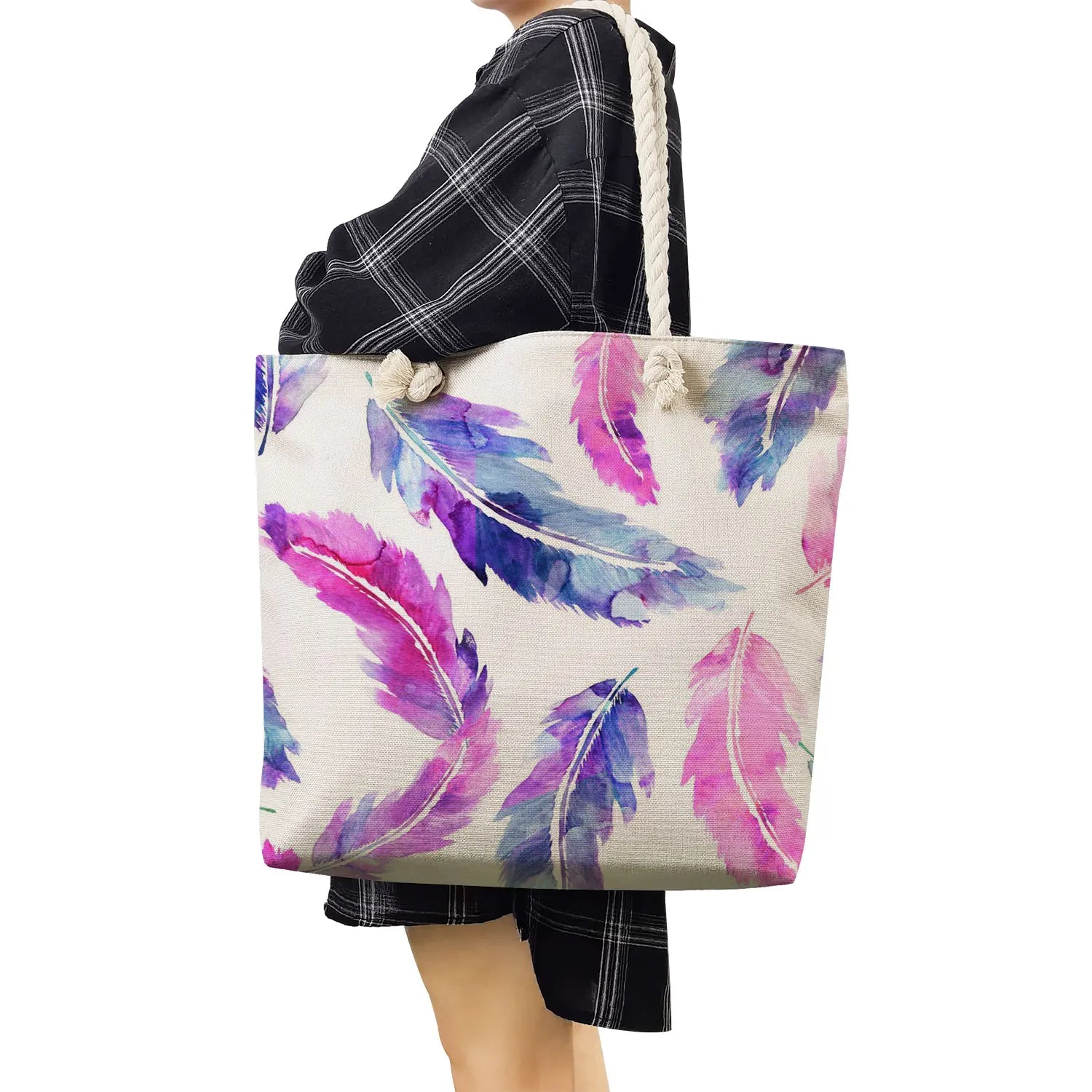 Feather Print Rope Beach Tote Bag Eco Reusable Shoulder Bag