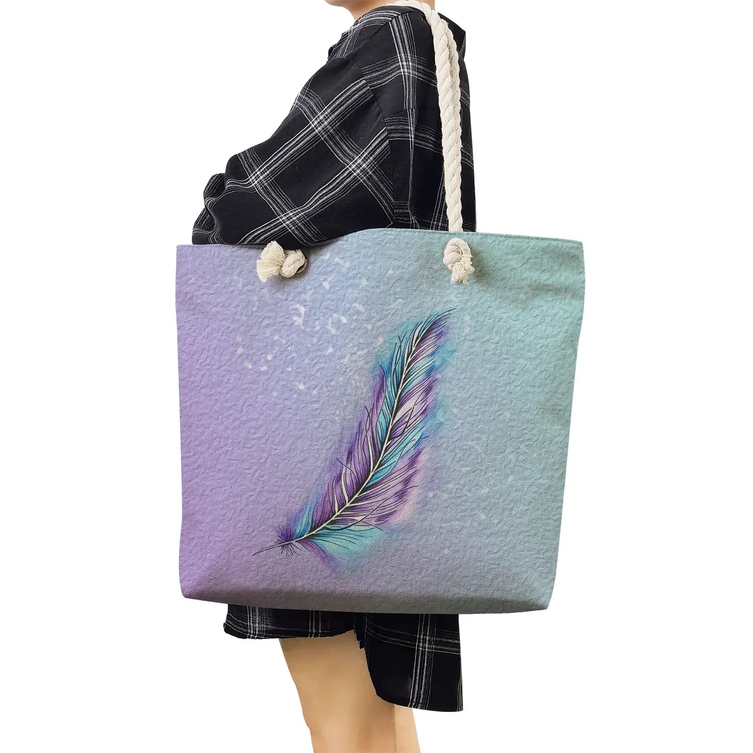 Feather Print Rope Beach Tote Bag Eco Reusable Shoulder Bag