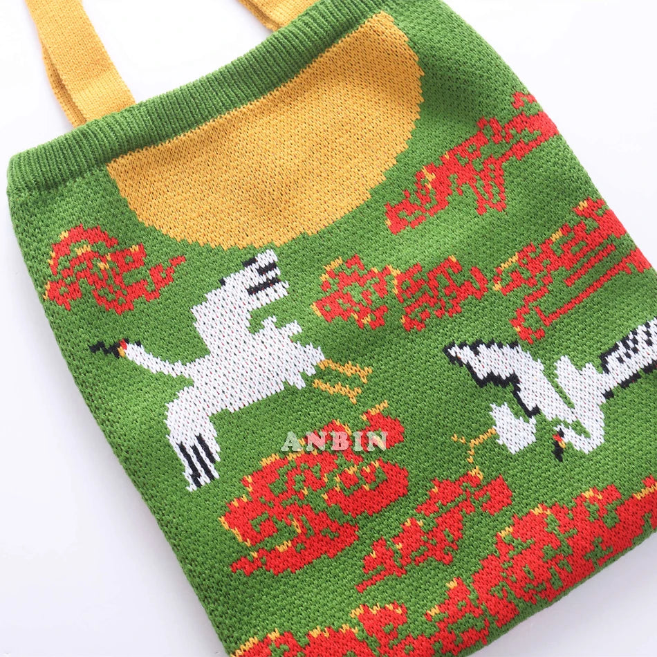 Chinese Elements Pattern Shoulder Bag Knitting Wool Handbag Tote