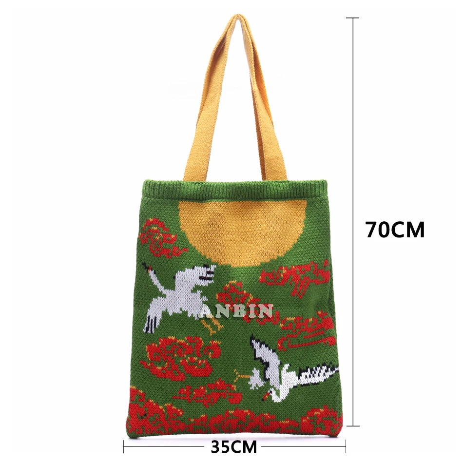 Chinese Elements Pattern Shoulder Bag Knitting Wool Handbag Tote