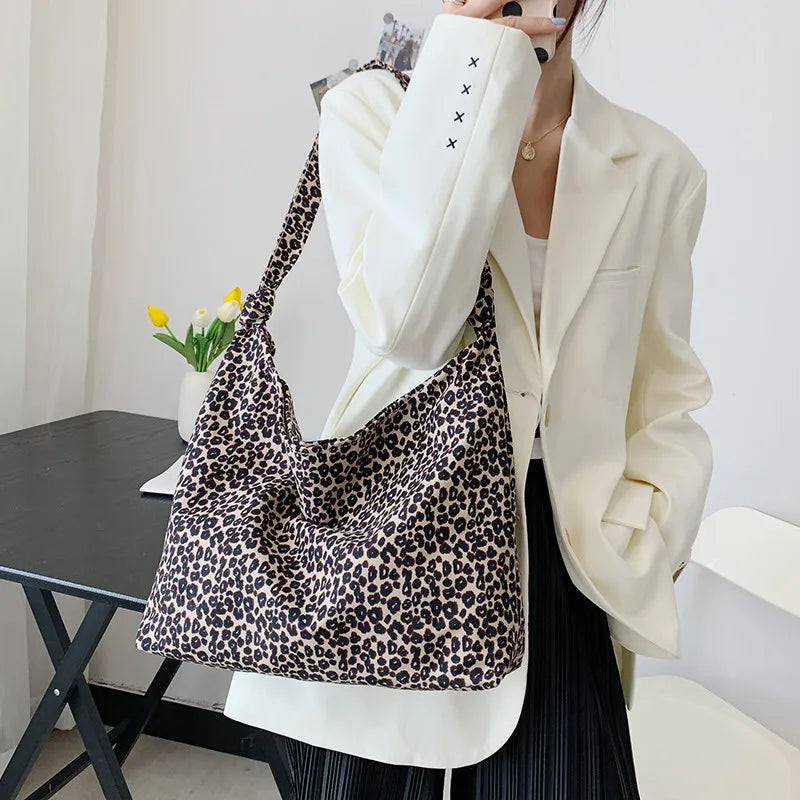 Canvas Leopard Tote Bag for Women Casual Shopping Shoulder Handbag