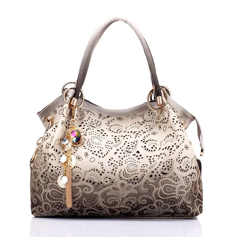 Female Ombre Handbags Floral Print Shoulder Bags Tassel Top-handle Bags