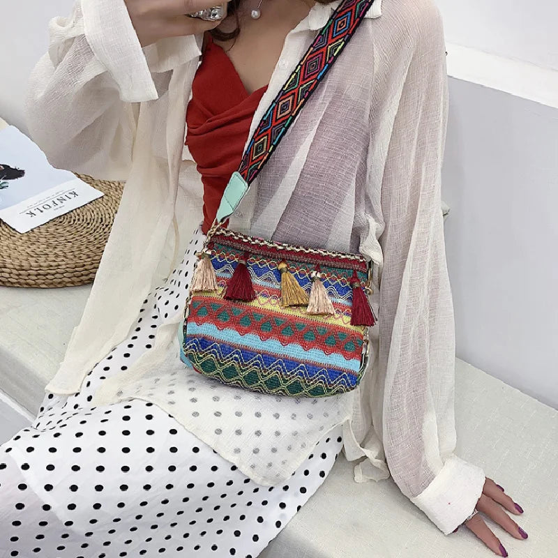Female Bucket Canvas Bag Summer Ribbon Bucket Bag Ins Girls Ethnic Style