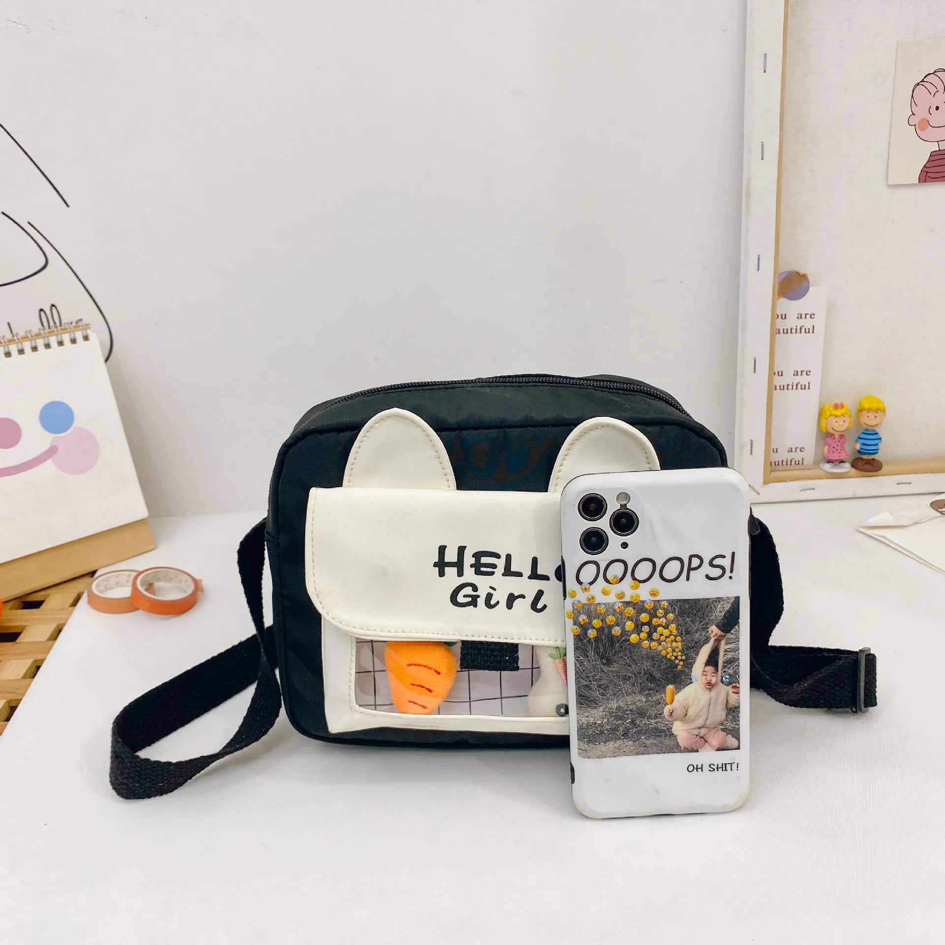 Female Canvas Bag Cartoon Rabbit Zipper Messenger Bags For Women