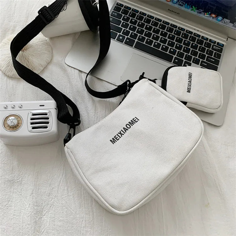 Women's Canvas Shoulder Bags with Mini Purse Pendant