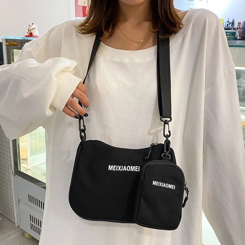 Women's Canvas Shoulder Bags with Mini Purse Pendant