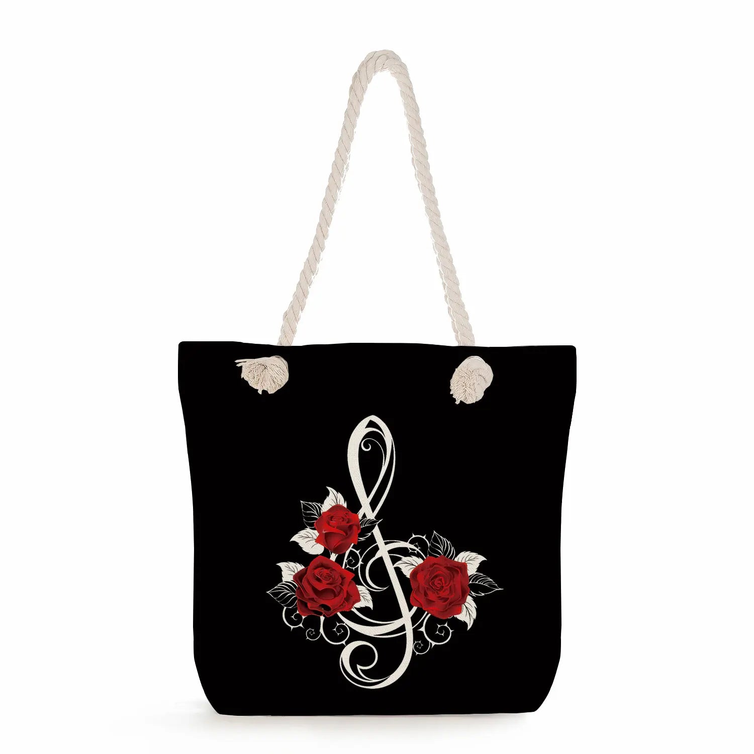 Floral Note Print Women Beach Bag Red Rose Tote Bag