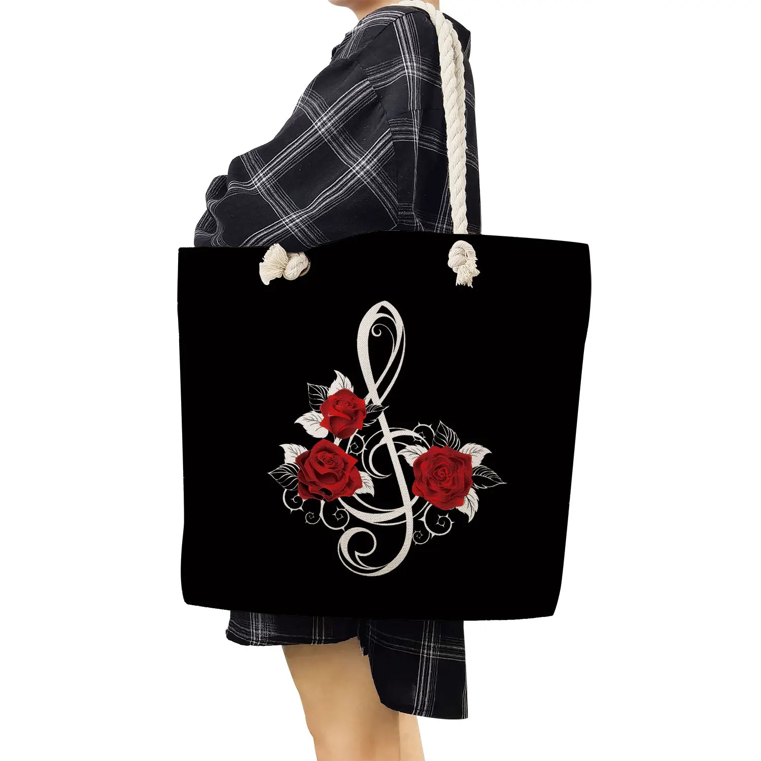 Floral Note Print Women Beach Bag Red Rose Tote Bag