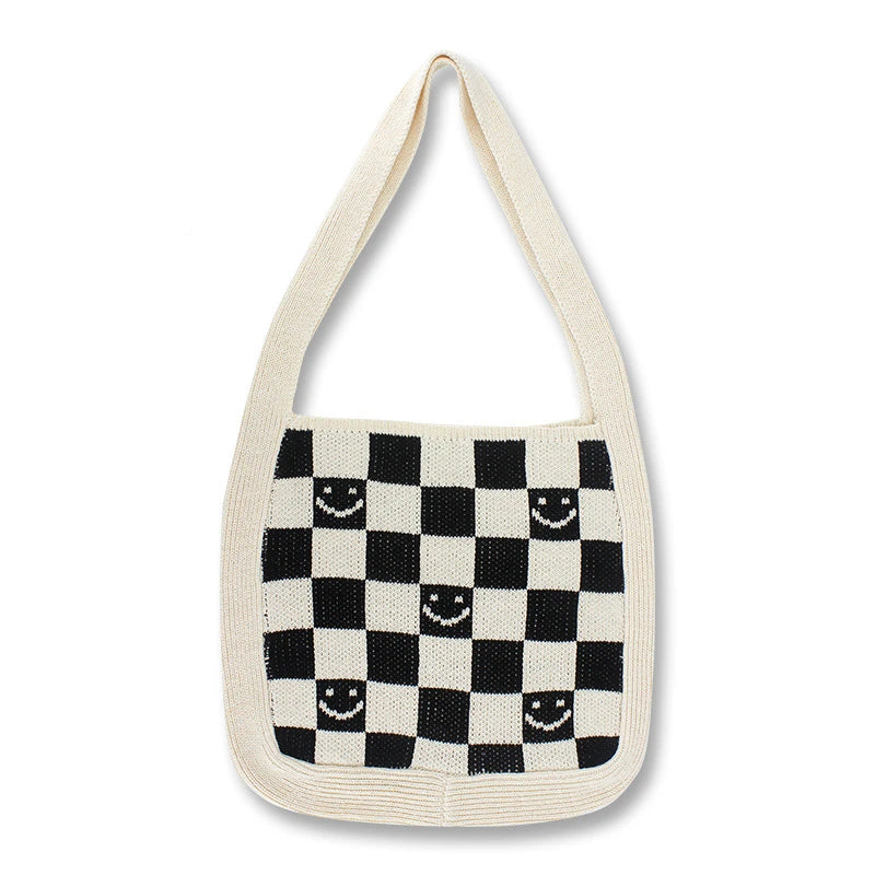 Female Knitted Checker Plaid Smiley Face Soft Slouchy Bag