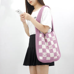 Female Knitted Checker Plaid Smiley Face Soft Slouchy Bag