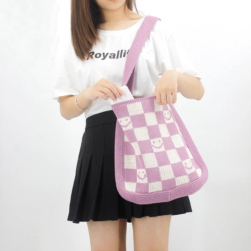 Female Knitted Checker Plaid Smiley Face Soft Slouchy Bag