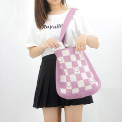 Female Knitted Checker Plaid Smiley Face Soft Slouchy Bag