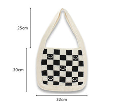 Female Knitted Checker Plaid Smiley Face Soft Slouchy Bag