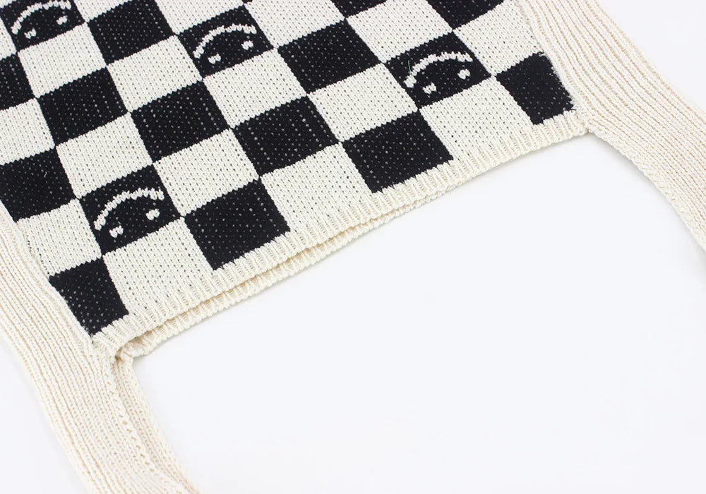 Female Knitted Checker Plaid Smiley Face Soft Slouchy Bag