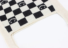 Female Knitted Checker Plaid Smiley Face Soft Slouchy Bag