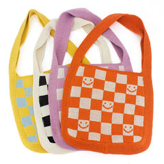 Female Knitted Checker Plaid Smiley Face Soft Slouchy Bag