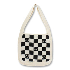 Female Knitted Checker Plaid Smiley Face Soft Slouchy Bag