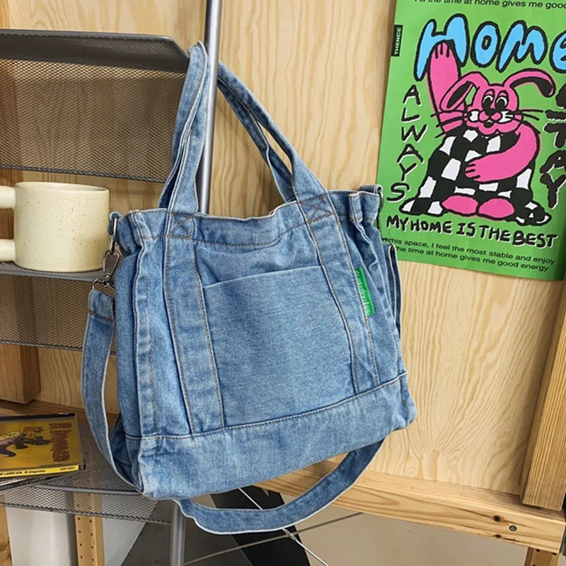 Female Denim Fabric Short Handle Tote Bag Student 90s Y2k Grunge Square Crossbod