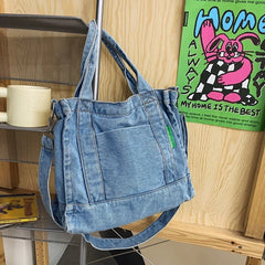 Female Denim Fabric Short Handle Tote Bag Student 90s Y2k Grunge Square Crossbod