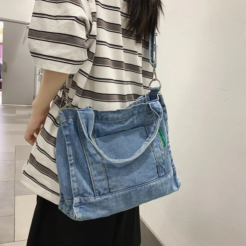 Female Denim Fabric Short Handle Tote Bag Student 90s Y2k Grunge Square Crossbod