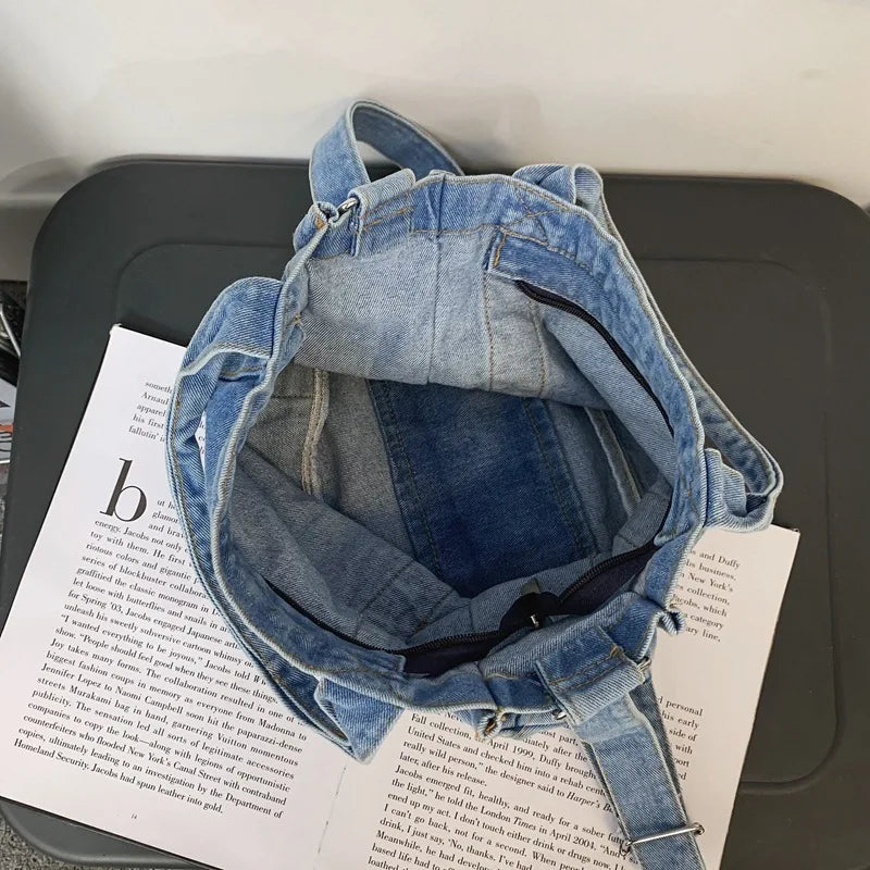Female Denim Fabric Short Handle Tote Bag Student 90s Y2k Grunge Square Crossbod