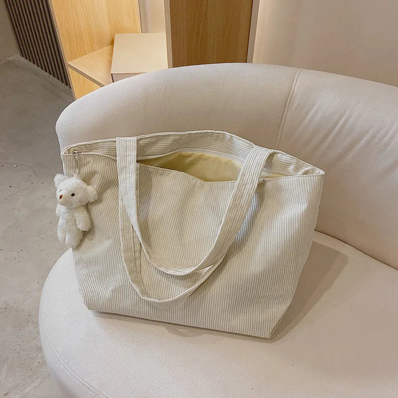 Women Corduroy Tote Bag Winter Shoulder Handbag Zipper Large Capacity