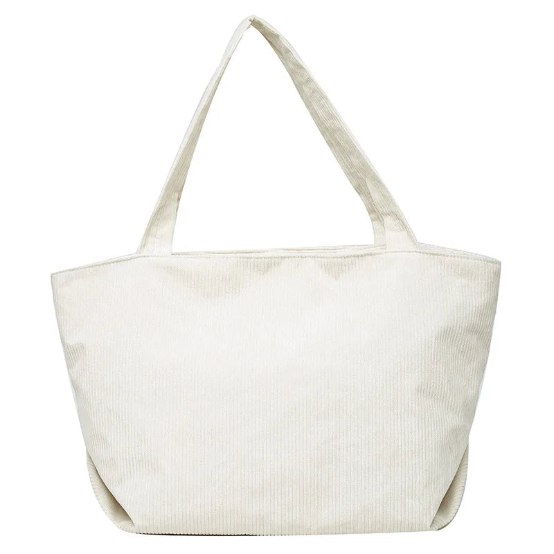 Women Corduroy Tote Bag Winter Shoulder Handbag Zipper Large Capacity