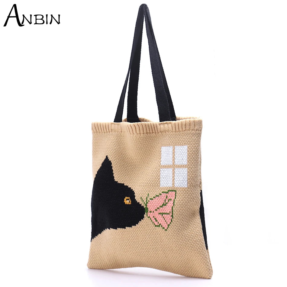 Women's Cat Pattern Woolen Tote Bag