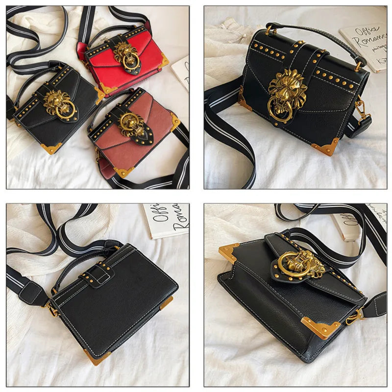 Metal Lion Head Shoulder Purse Square Mini Messenger Bag