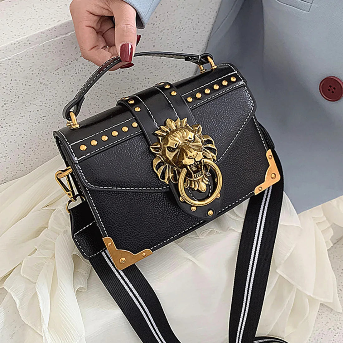 Metal Lion Head Shoulder Purse Square Mini Messenger Bag