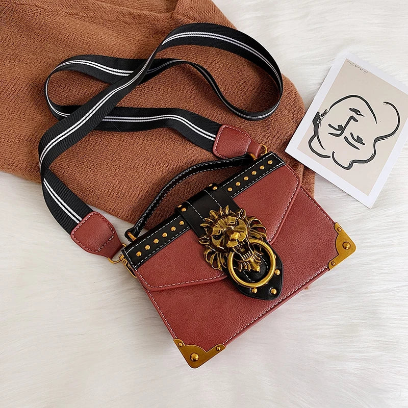 Metal Lion Head Shoulder Purse Mini Square Messenger Bag