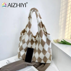Plush Rhombus Shoulder Bag for Women - Large Capacity Shopping Handbag