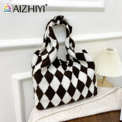 Plush Rhombus Shoulder Bag for Women - Large Capacity Shopping Handbag