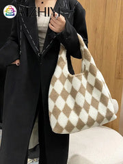Plush Rhombus Shoulder Bag for Women - Large Capacity Shopping Handbag