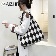 Plush Rhombus Shoulder Bag for Women - Large Capacity Shopping Handbag