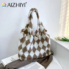 Plush Rhombus Shoulder Bag for Women - Large Capacity Shopping Handbag