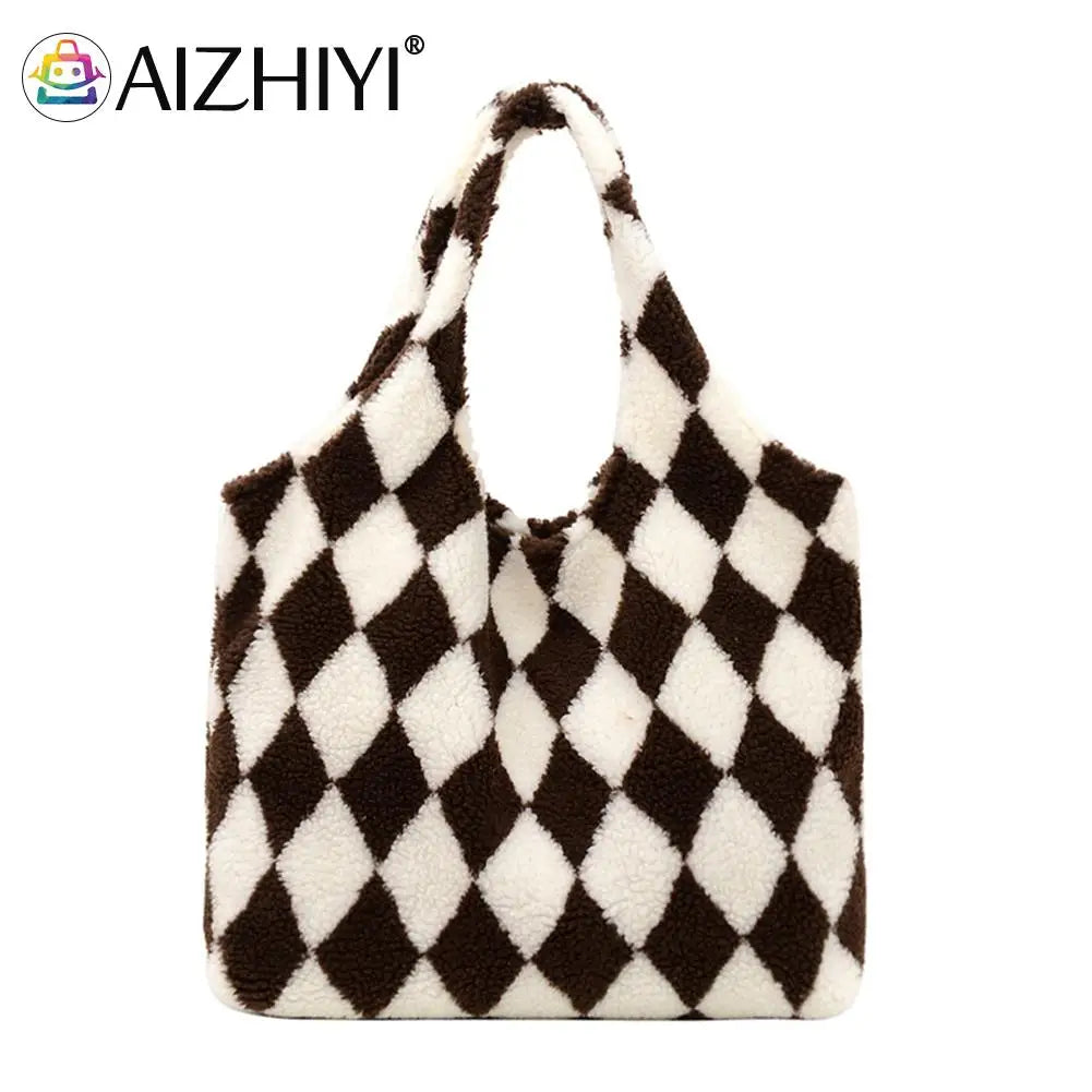 Plush Rhombus Shoulder Bag for Women - Large Capacity Shopping Handbag