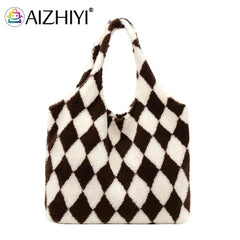 Plush Rhombus Shoulder Bag for Women - Large Capacity Shopping Handbag