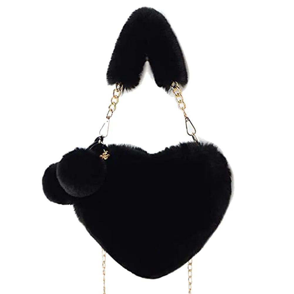 Female Fluffy 3D Love Heart Tote Bag Winter Fluffy Faux Fur Handbags