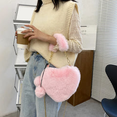 Female Fluffy 3D Love Heart Tote Bag Winter Fluffy Faux Fur Handbags