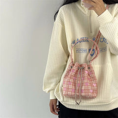 Embroidered Girls Drawstring Messenger Bag Plaid Bucket Shoulder Purse