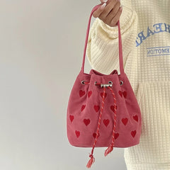 Embroidered Girls Drawstring Messenger Bag Plaid Bucket Shoulder Purse