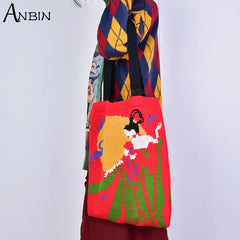 Knitting Shoulder Bags Women Casual Chinese Style Crochet Woolen Shopper Top-han