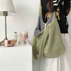Women's Embroidered Lambswool Shoulder Bag with Embroidery Detail