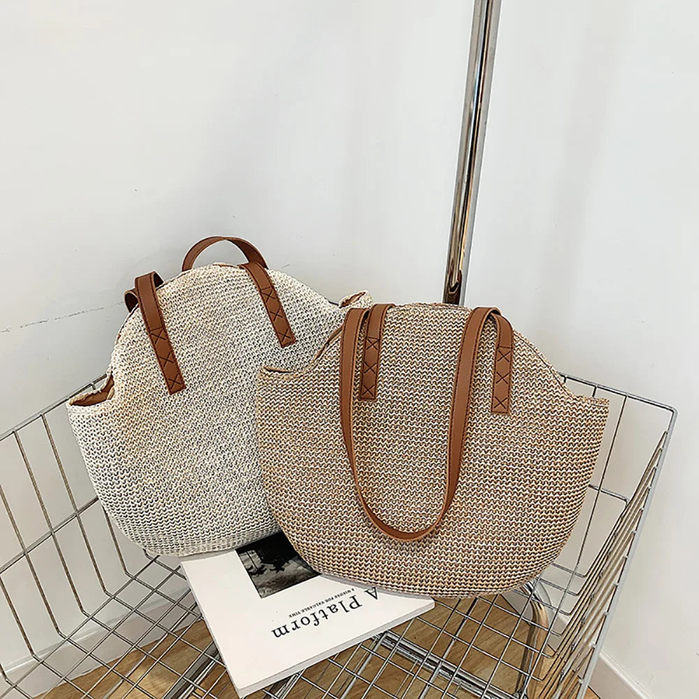 Women Straw Woven Shoulder Bag Large Capacity Casual Lady Tote
