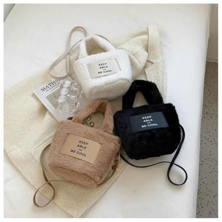 Women's Plush Bucket Handbag Letter Shoulder Bag Crossbody Warm Purse