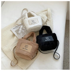 Women's Plush Bucket Handbag Letter Shoulder Bag Crossbody Warm Purse